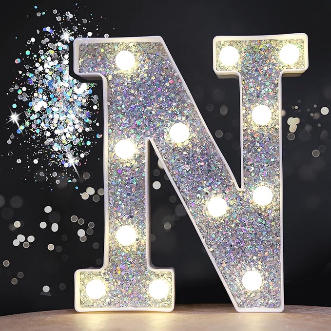 Pooqla Light Up Letters, LED Marquee Letters for Silver Birthday Decorations, Battery Powered Night Light Teenager Girl Room Decor, Gift for Girls Boys Wedding Bedroom Christmas Party Decor, Letter N