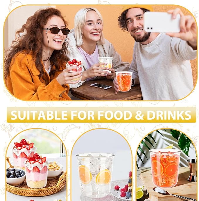 60 Pcs Disposable Stemless Clear Glasses 12 oz NATURAL Arc Crystal Plastic wine glasses Clear Classic Pet Cup for Meeting Weddings Birthdays Cocktail Christmas Party Supplies