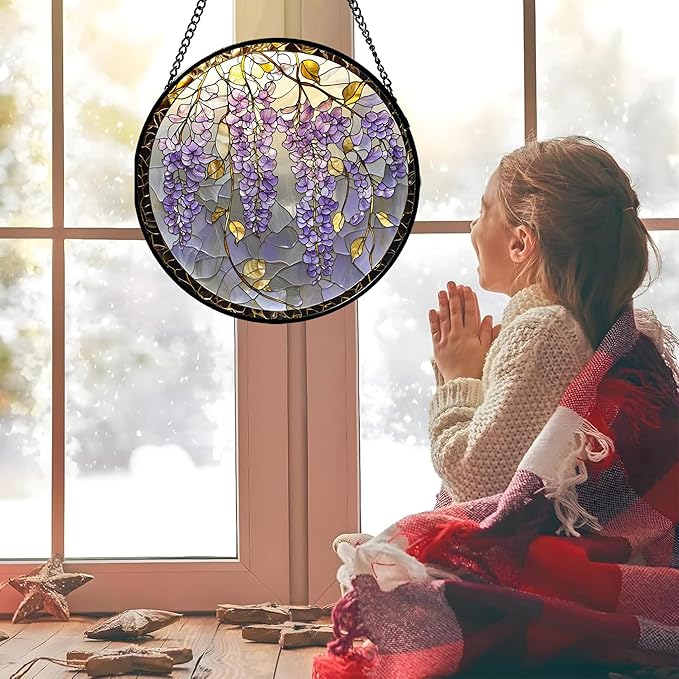 Stained Glass Window Hanging - Wisteria Flower Golden Leaves Sun Catcher for Door Home Decor Plant Suncatcher Christmas Mother's Day Birthday Gifts for Women Men Lovers Mom Nana 6.3 in