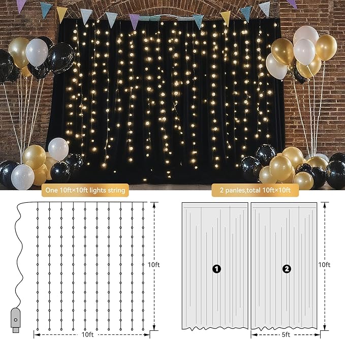 Ledido 10×8ft Tulle Backdrop Curtains with Lights String - 300LED Fairy Lights Sheer Curtain Backdrop for Weddings Baby Shower and Birthday Party Decorations(8 Panels 5×8ft)