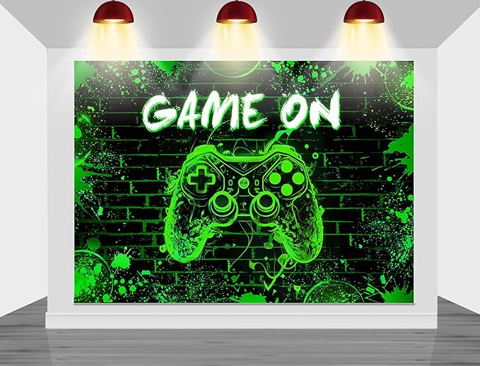 Mocsicka Game On Backdrop Video Game for Boys Level Up Birthday Party Decoration Game Night Arcade Neon Glow Gamer Banner Photography Background (Green, 8x6ft(96"x72"))