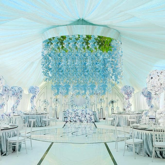 5 Pack Lake Blue Wisteria Hanging Flowers, 3.4 Ft Fake Hanging Flowers, Artificial Wisteria Garland Vines for Wedding Room Backdrop Outdoor Patio Garden Decoration