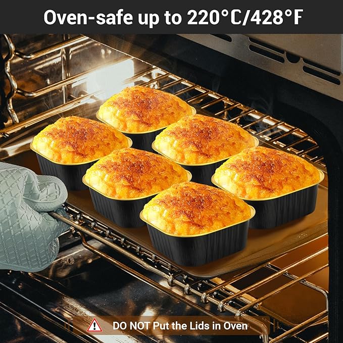 Baking Cups with Lids, 10 oz Square Aluminum, 50 Count in Black and Gold