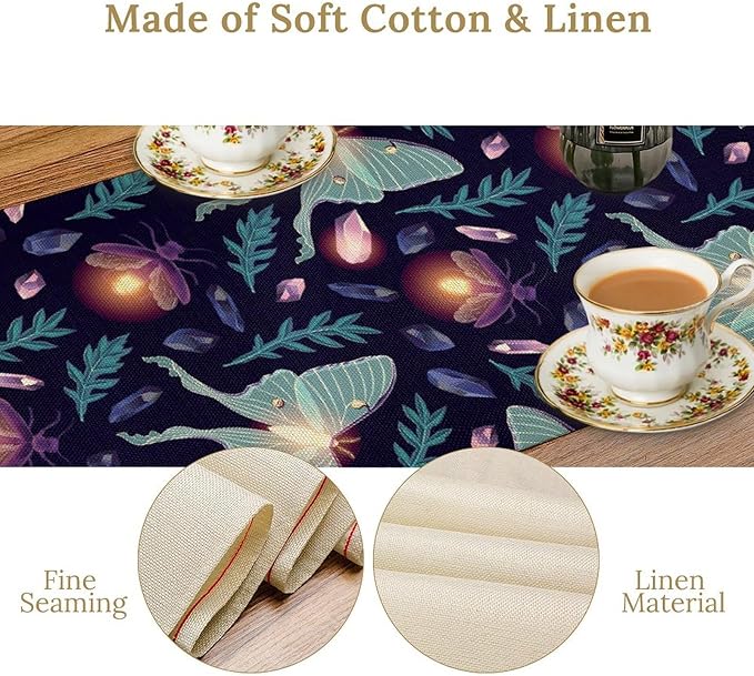 Moth Table Runner, Retro Boho Aesthetic Blue Moth Magic Table Runner for Home Kitchen Dining Party Indoor Outdoor Decoration 13x70 Inch