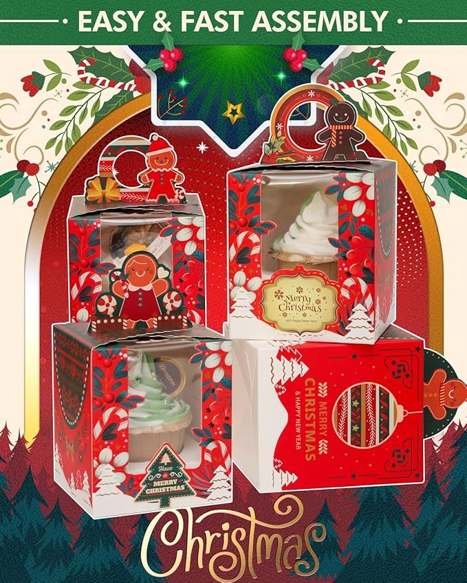 Cupcake Carriers 50 Pack with Holder Inserts, Auto-Pop 3.7 x 3.7 x 4.5 Inch