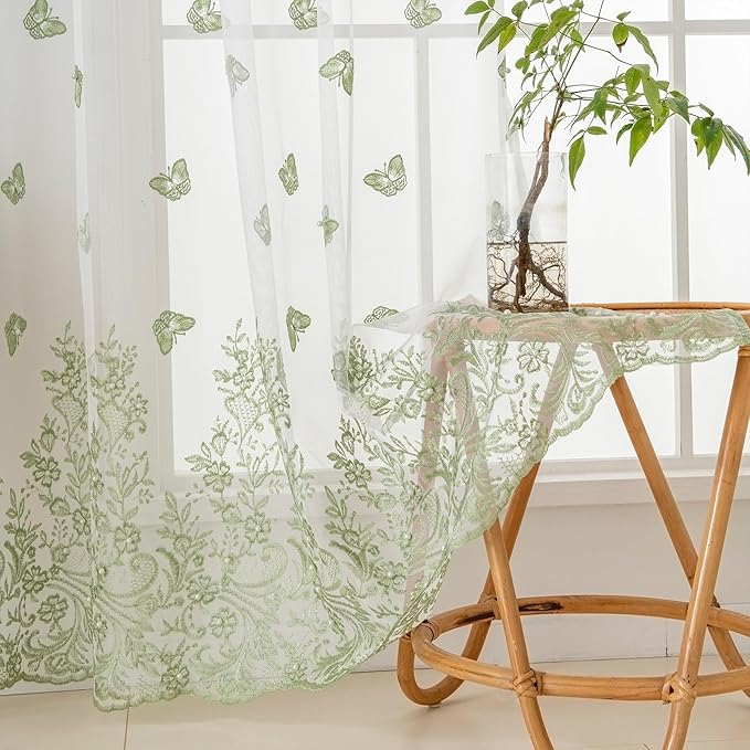 VISIONTEX White Sheer Voile Curtains, Decorative Green Embossed Butterflies Rod Pocket Window Drapes for Home Kitchen, Living Room and Bedroom 54 x 95 Inch, Set of 2 Curtain Panels