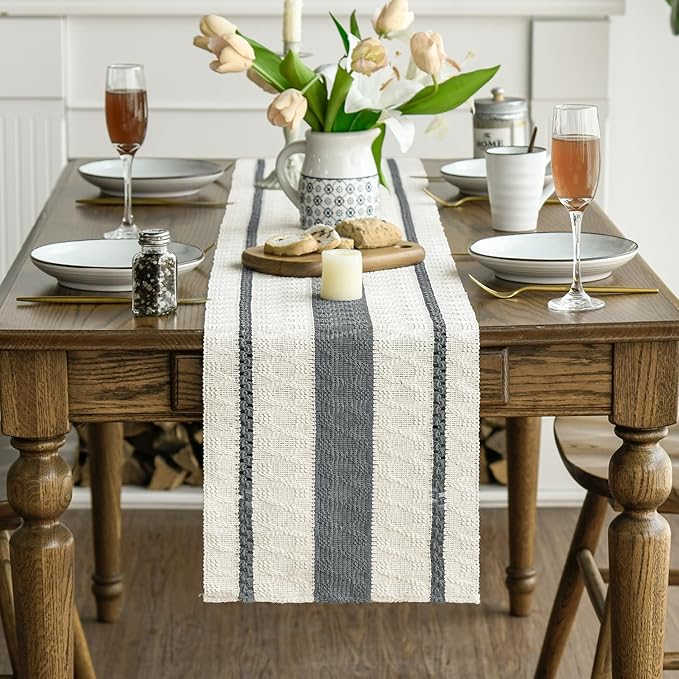Artoid Mode Dark Grey Farmhouse Woven Rustic Table Runner, Seasonal Holiday Hollow Kitchen Dining Table Decoration for Home Party Decor 12x120 Inch