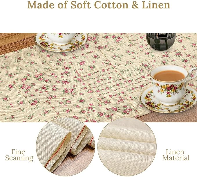 Floral Table Runner, Watercolor Rose Flower Kitchen Table Decoration Vintage Spring Home Tablecloth for Birthday Party Picnic Decoration 13x36 Inch 1PCS