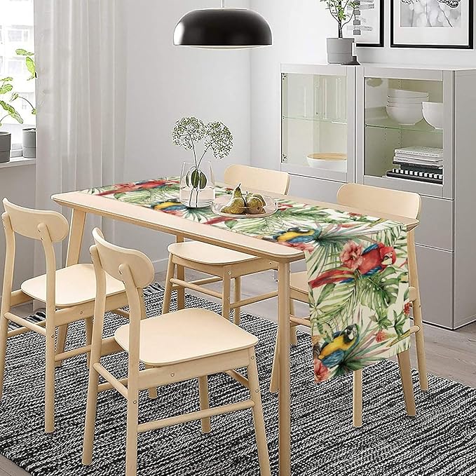 Parrot Table Runner,Tropical Palm Leaf Colorful Macaw Bird Watercolor Print Tablecloth Burlap for Hotel Indoors Outdoor Dining Room Kitchen Home Decor,W13X L90 in