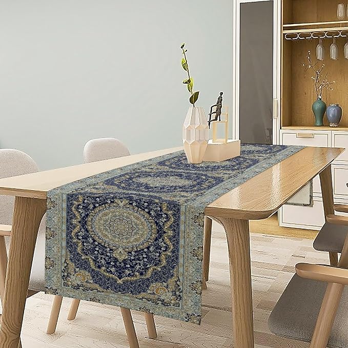Boho Bohemia Style Blue Teal Table Runner, Country Rustic Farmhouse Magical Abstract Print Pattern for Home Kitchen Table Decor Dining Coffee Room Garden Party Decor 13x120in