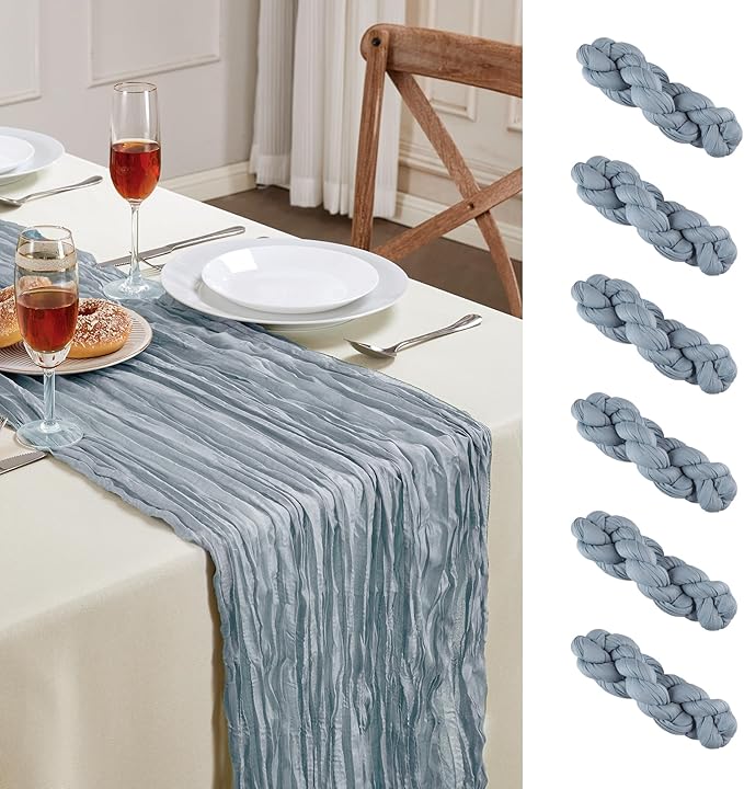 6 Pack Dusty Blue Cheesecloth Table Runner 10FT Long Boho Gauze Table Runner Rustic Sheer Runner for Wedding Bridal Baby Shower Birthday Party Table Decor Thanksgiving Christmas Decorations