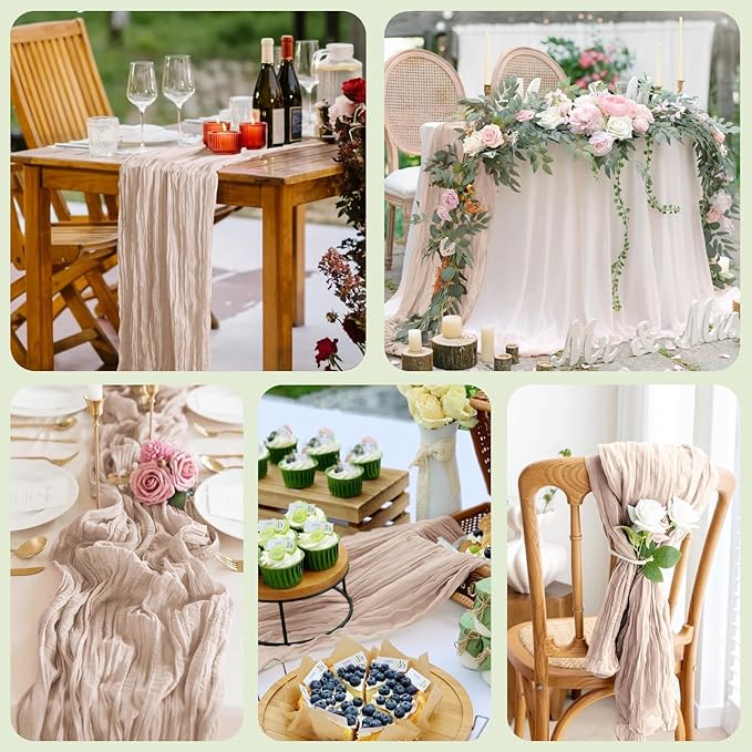 Asee'm 6pcs Cheesecloth Table Runner 120 Inches Long Nude Pink Boho Gauze Cheese Cloth Runner 10FT Rustic Sheer Table Runners for Christmas Wedding Party Baby Shower Spring Easter Decoration