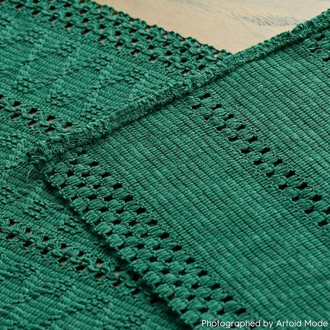 Artoid Mode Dark Green Farmhouse Woven Rustic Hollow Table Runner, Seasonal Holiday Hollow Kitchen Dining Table Decoration for Home Party Decor 12x72 Inch