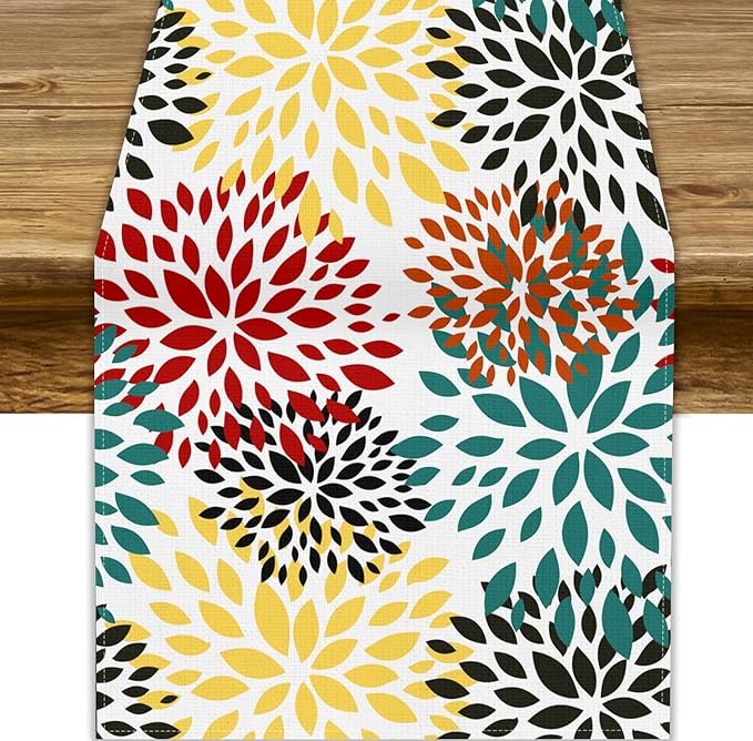 Green Red Dahlia Flower Table Runner Chrysanthemum Geometric Kitchen Dining Bedroom Living Room Table Decor for Indoor Outdoor Home Party, 13x36 Inch