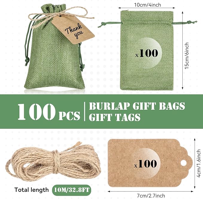 Gift Bags - Army Green Burlap Drawstring Favor Bags, 100 Count