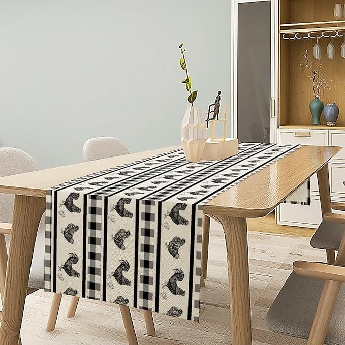 Rooster Table Runner,Farmhouse Animal Vintage Chicken Black White Plaid Check Tablecloth Burlap for Hotel Indoors Outdoor Dining Room Kitchen Home Decor,W13X L90 in
