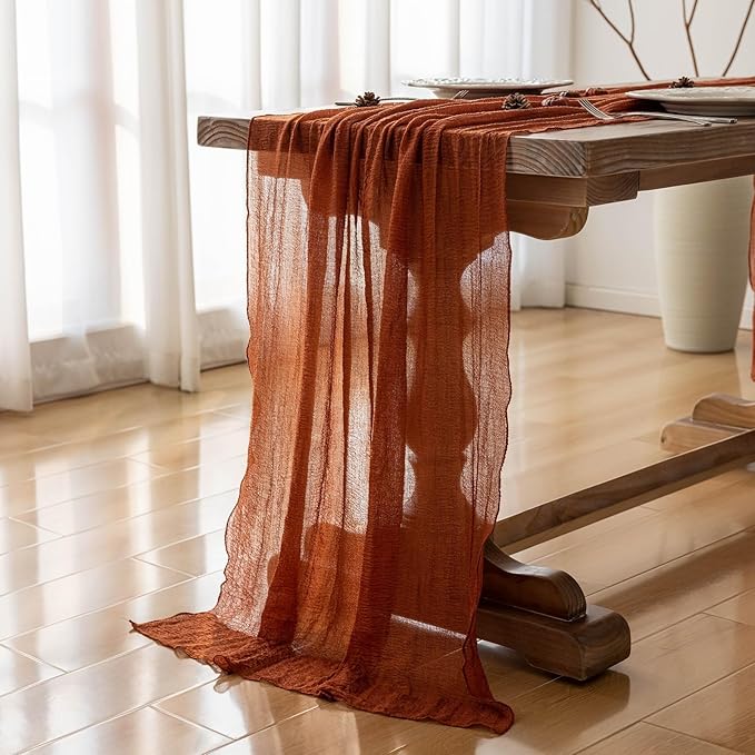 Keketo Fall Thanksgiving Table Runner Terracotta Rust Gauze 120 Inch 10 FT Rustic Burnt Orange Sheer Cheese Cloth for Bridal Shower Friendsgiving Party Centerpiece Decor Fall Decorations for Home