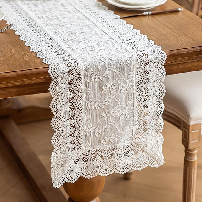 White Elegant Vintage Lace Table Runner,Wedding Lace Decor with Floral Embroidery,Tea Party Decor (White, 13.8X63 Inches)