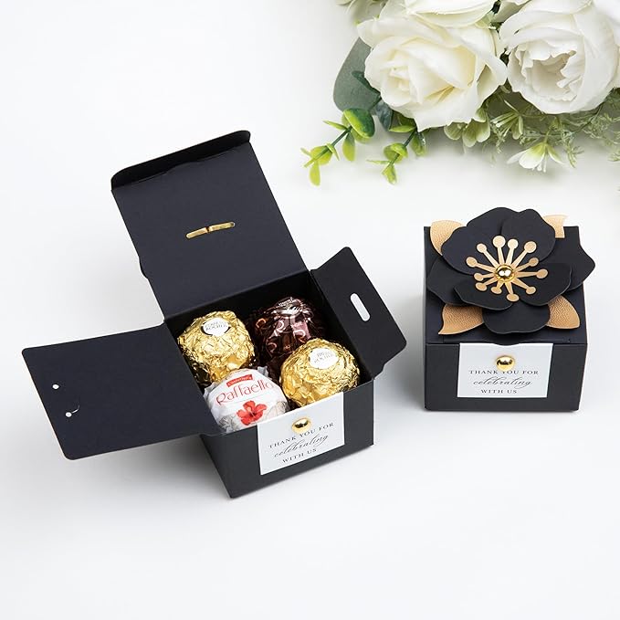 Gift Boxes, 20 Black Candy Boxes with White Floral Decor and Tags