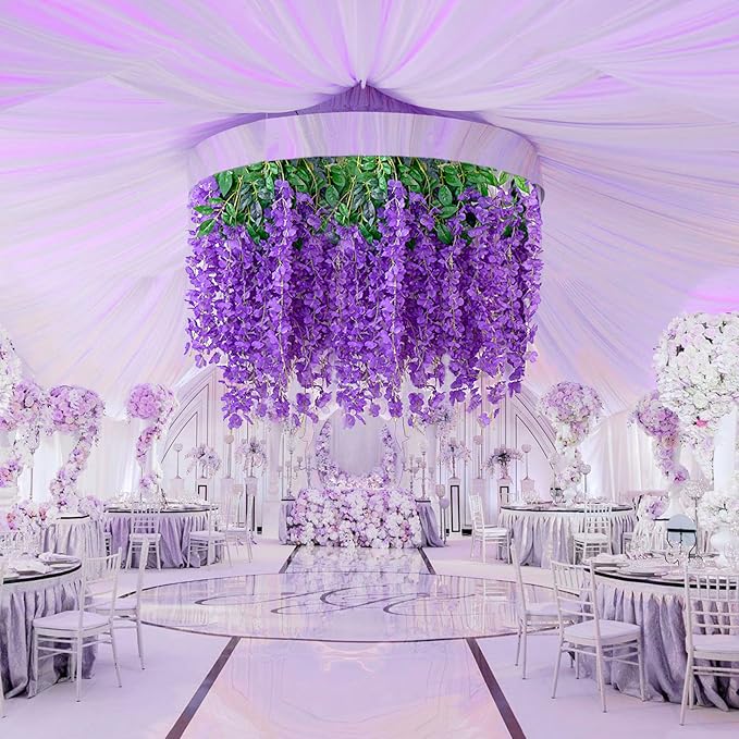 36 Pack Purple Wisteria Hanging Flowers, 3.44 Ft Fake Hanging Flowers, Artificial Wisteria Garland Vines for Wedding Room Backdrop Outdoor Patio Garden Decoration