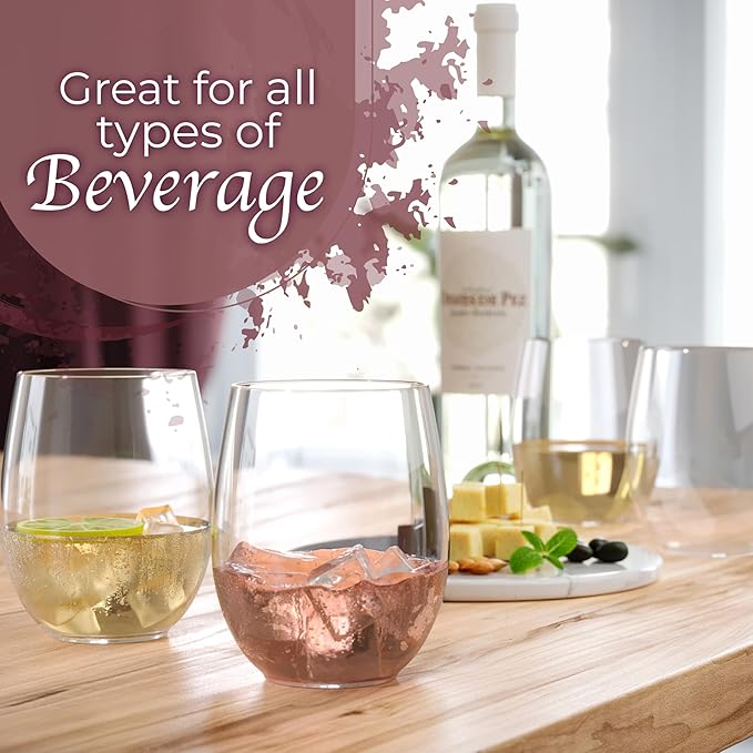 Stemless Plastic Wine Glasses, 48 Pack, 12 oz Clear Unbreakable Party Cups