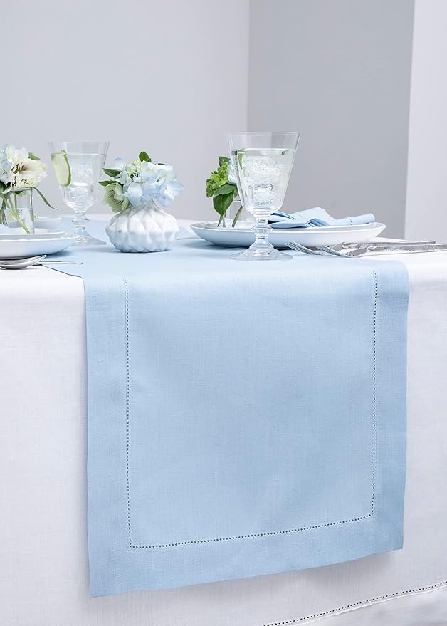 Solino Home Linen Sky Blue Table Runner 120 Inches Long - 100% Pure Linen Hemstitch 14 x 120 Inch Table Runner for Dining, Holiday - Classic Hemstitch