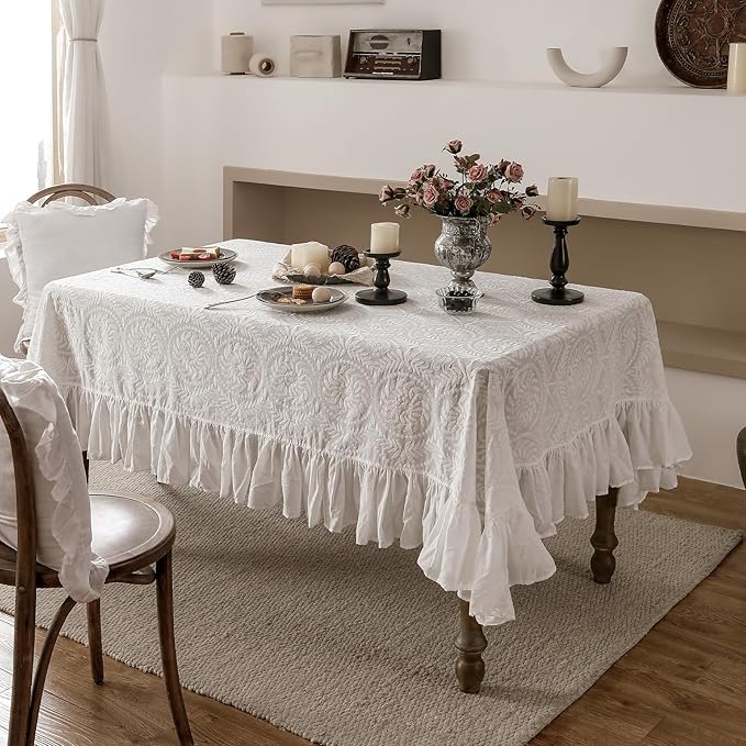 patdrea Vintage Ruffle Tablecloth for Rectangle Tables,Farmhouse Embroidered Cotton White Lace Table Cloth Cover Decor for Dining Room Wedding Banquet Thanksgiving Christmas,67"*106"