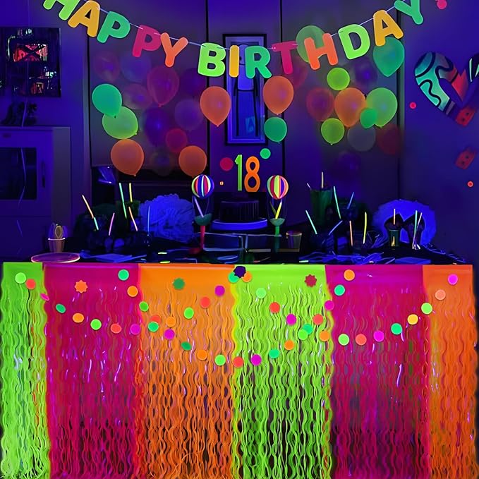 Mega-L Glow in The Dark Party Supplies, 4 Pack Neon Party Decorations Fluorescent Macaron Orange, Yellow and Fuchsia Wavy Metallic Tinsel Foil Fringe Table Skirts, Perfect Table Decors Glow Decors