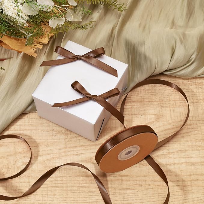 LaRibbons Brown Ribbon 3/8 Inch 25 Yards Luxury Double Faced Mocha Mousse Silk Ribbon for Flower Bouquet Crafts Gift Wrapping Wedding Party Decoration