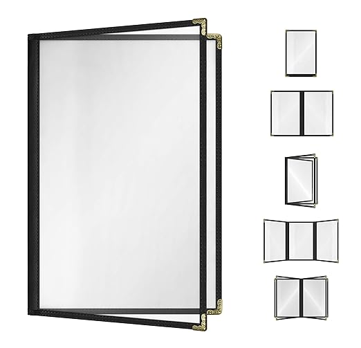 Goodsmart Restaurant Menu Covers – 25 Pack Black 4-View 8.5" x 14", Side-Loading Vinyl & Plastic Menu Holders, Clear Menu Sleeves, Leather-Style Café Covers with Gold Corners