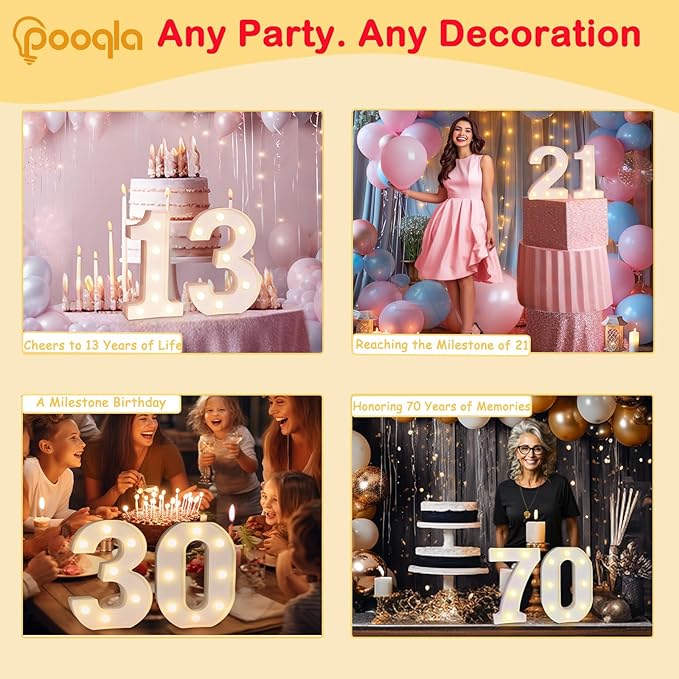 Pooqla Decorative LED Light Up Number Letters, White Plastic Marquee Number Lights Sign for Birthday Party Wedding Decor, Battery Operated (11)