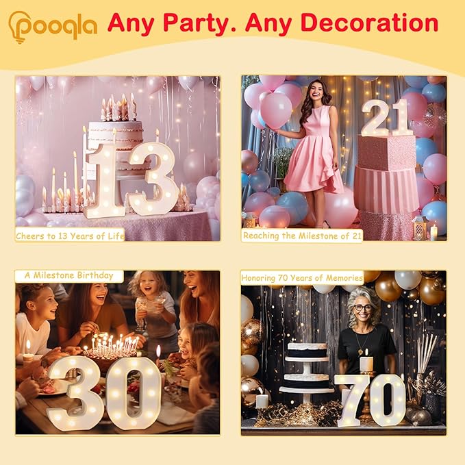 Pooqla Decorative LED Light Up Number Letters, White Plastic Marquee Number Lights Sign for Wedding Decor, Battery Operated (27)