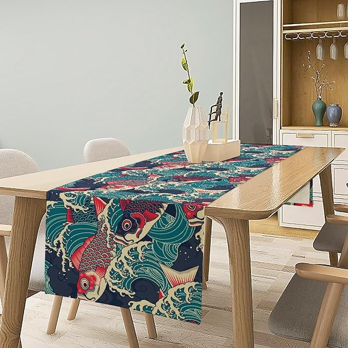 Kio Fish Table Runner Waves Japanese Tradition Art Printed Burlap Runner Home Kitchen Dining Table Living Room Decor Fabric 1 Panel W13xL70in