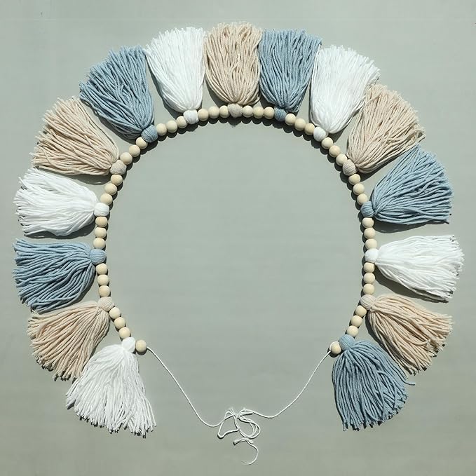 Tassels Garland Blue Boho Wall Hanging with Wooden Beads