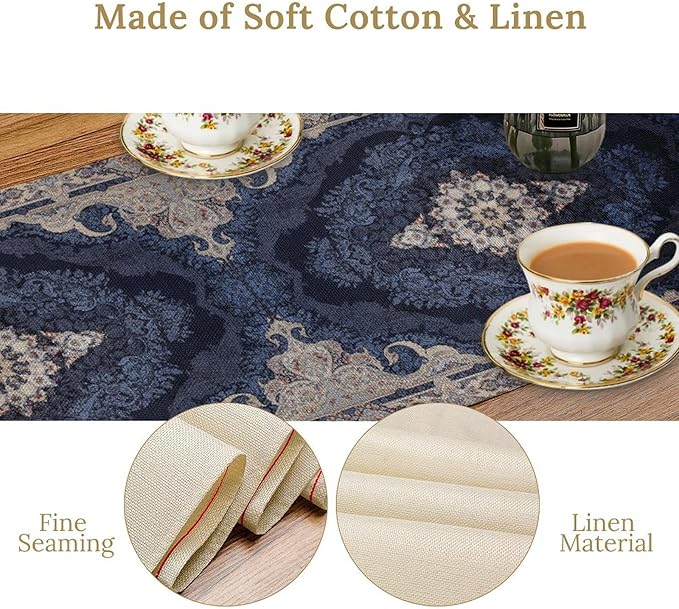 Vintage Boho Floral Table Runner, Rustic Country Farmhouse Dark Blue Grey Retro Flower Pattern for Home Kitchen Table Decor Dining Coffee Room Party Decor 13x108in