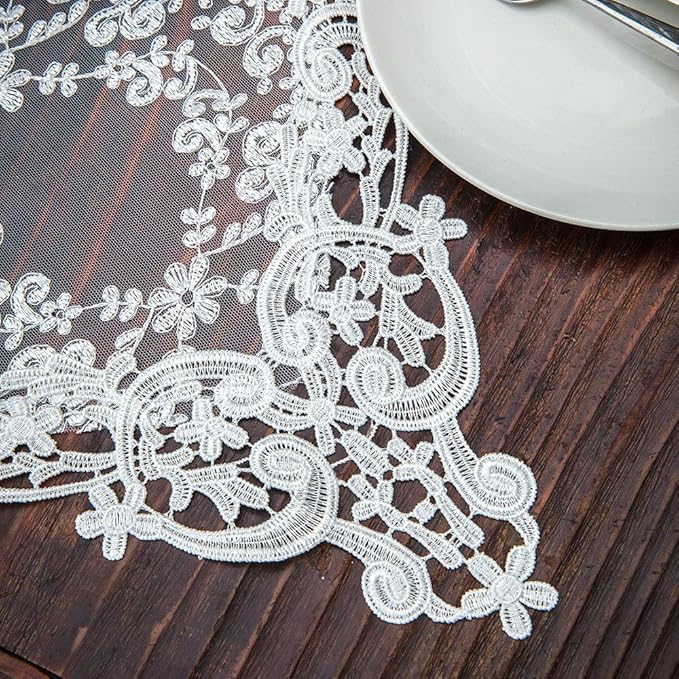 ARTABLE Rectangle Table Runner Lace Macrame Embroidered Table Runners with Exquisite Vintage Shabby Chic for Holiday Wedding Long Dinner Tables (White, 12 x 108 Inch)