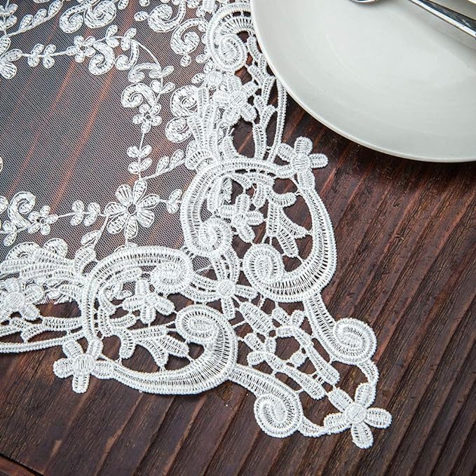 ARTABLE Rectangle Table Runner Lace Macrame Embroidered Table Runners with Exquisite Vintage Shabby Chic for Holiday Wedding Long Dinner Tables (White, 12 x 48 Inch)