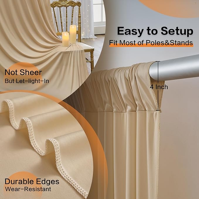 50×14 ft Wrinkle Free Beige Backdrop Curtain for Weddings Parties, 10 Panels 14ft Silky Polyester Wedding Drapes Backdrop Photo Back Drop Cloth for Birthday Baby Shower Photography Backgrounds