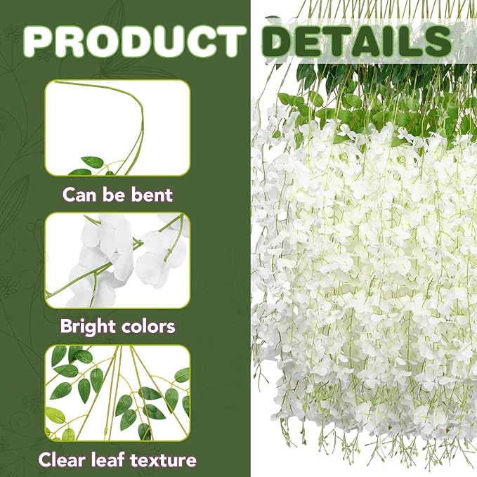Wisteria Hanging Flowers,Fake Hanging Flowers,Wisteria artificiales Garland for Home Wedding Arch Floral Party Garden Ceremony Outdoor Decor,3.6 feet Long(48,White)