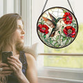 Stained Glass Window Hanging, Green Hummingbird Red Flower Suncatcher