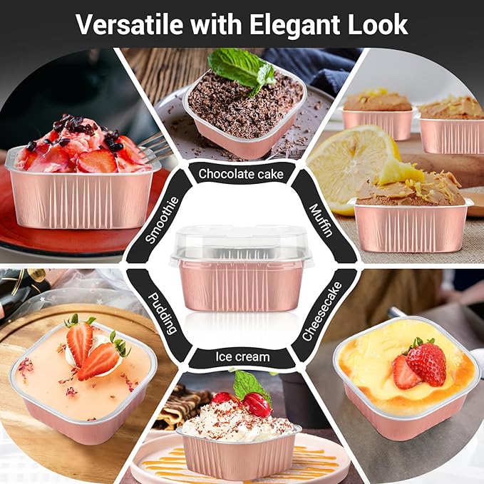 Baking Cups with Clear Lids, Rose Gold Ramekin Style, 50 Count