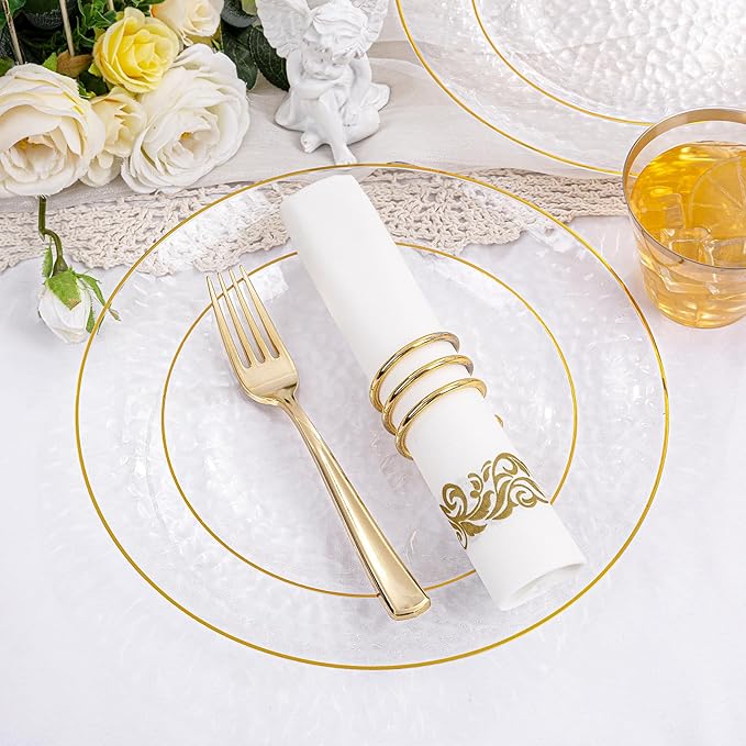 Rubtlamp 175 Pcs Plastic Dinnerware Set (25 Guests), Clear And Gold Plastic Plates, Hammered Party Plates Include Dinner Platos, Dessert Platos, Cups, Gold Cutlery Set And Napkins for Party