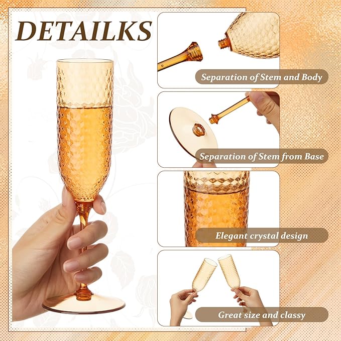 Champagne Glasses 24 Pack, 5.5 oz Plastic Flutes with Removable Stems