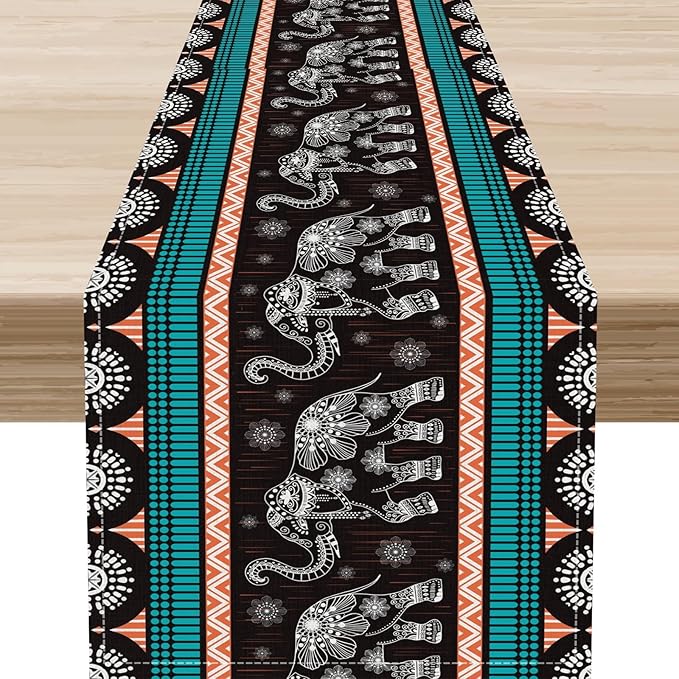 Boho Elephant Table Runner, Vintage Tribal Traditional Bohemian African Animals Ethnic Folk Table Center Decor for Home Kitchen Dining Patio Holiday Party Indoor Table Decorations, 13"x36" Inch