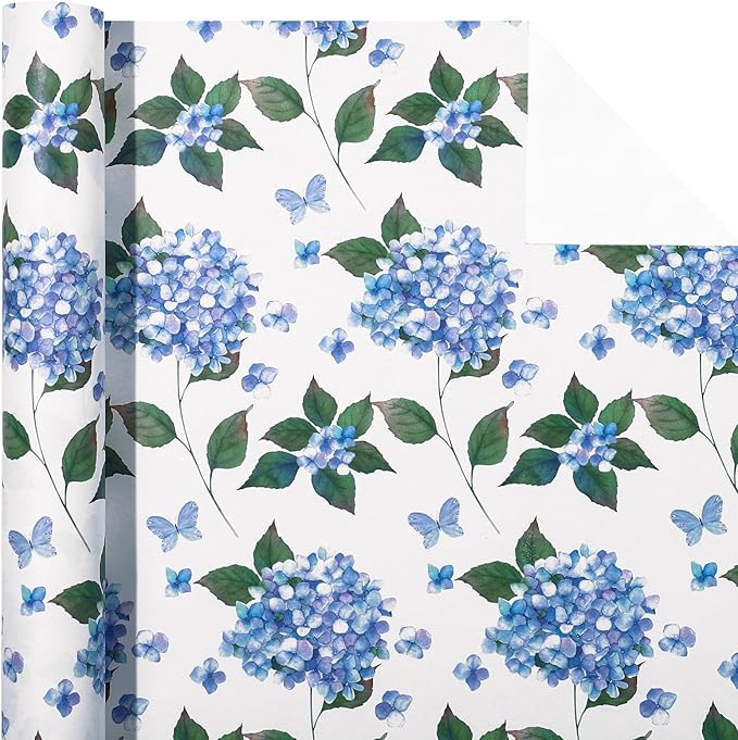 WRAPAHOLIC 30 Inch Jumbo Kraft Hydrangea Floral Wrapping Paper Roll - 30 Inch x 33 Feet - Hydrangea Flower Wrapping Paper for Wedding, Birthday, Bridal Shower, Tea Party