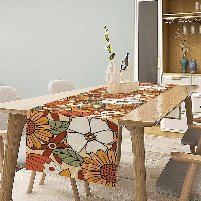 Vintage Floral Table Runner,Boho 70s Style Retro Flower Table Cloth Kitchen Dining Table Home Party Decoration 13x90 Inch