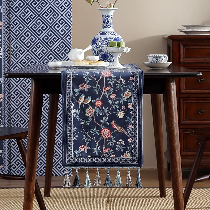 patdrea Vintage Chinoiserie Floral Table Runner Farmhouse for Home Kitchen Dining Decor Parties Family Dinners 12"*71"
