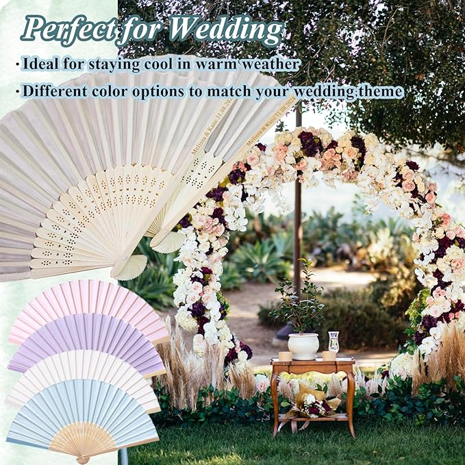 60 Set Personalized Cream Wedding Fans for Guests Bulk, Custom Engraved Summer Wedding Fans, Silk Hand Fans Handheld Folded Fan Baby Shower Favors for Bridal Bridesmaid Gift Church Dancing Party