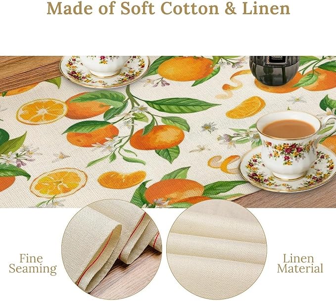 Spring Summer Orange Table Runner Vintage Citrus Lemon Fruit Mandarin Floral Dinner Runner for Farmhouse Baby Shower Party Holiday Home Kitchen Dining Table Decor 13x108