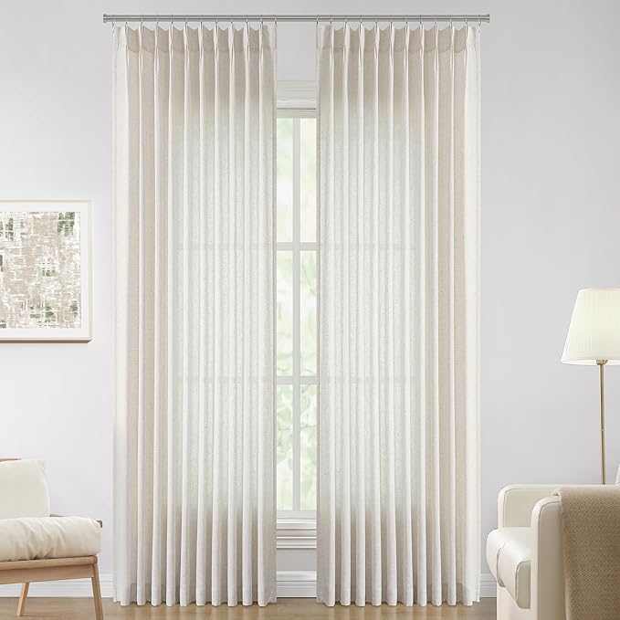 Vision Home Natural Pinch Pleated Semi Sheer Curtains Textured Linen Blended Light Filtering Window Curtains 112 inch for Living Room Bedroom Patio Pinch Pleat Drapes with Hooks 1 Panel 60" Wx112 L